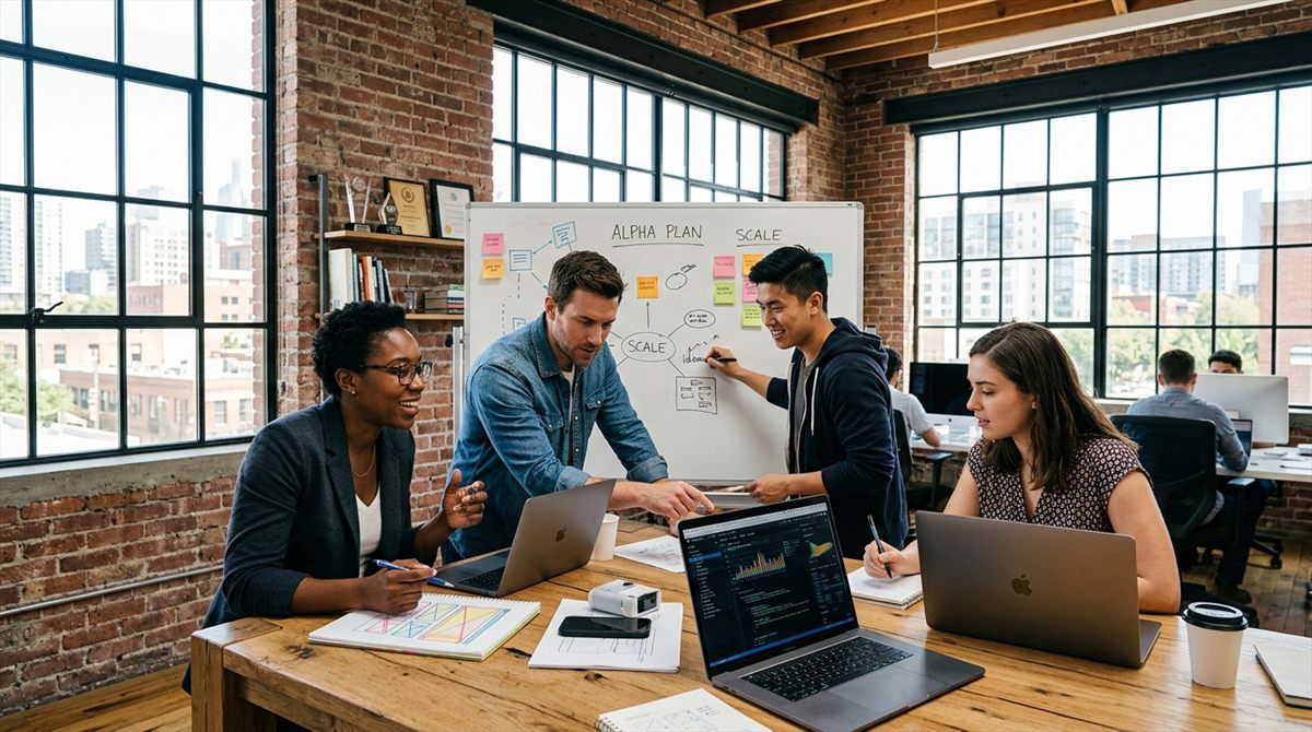 US Startup Founders Collaborating on Media Strategy